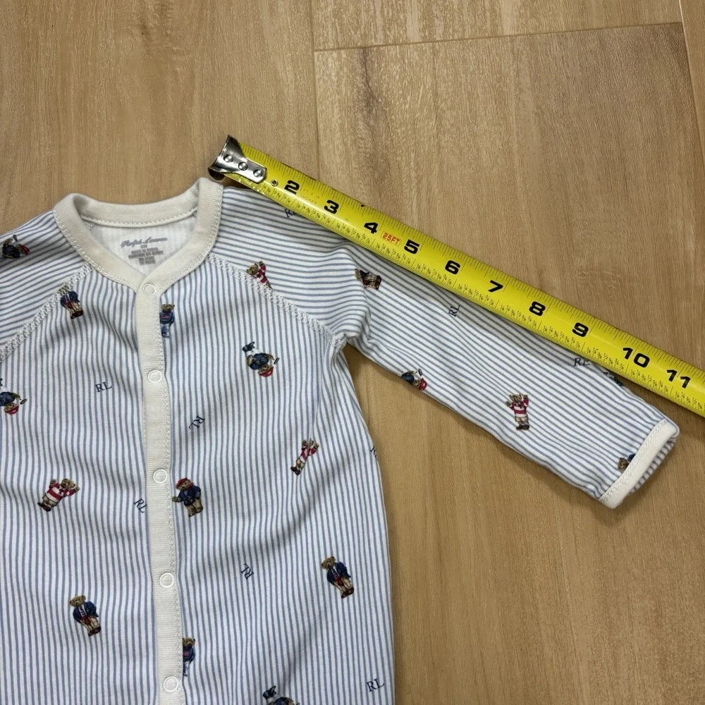 Ralph Lauren Baby Sleeper Blue Stripe Polo Bear Footed Pajamas Cotton 6M